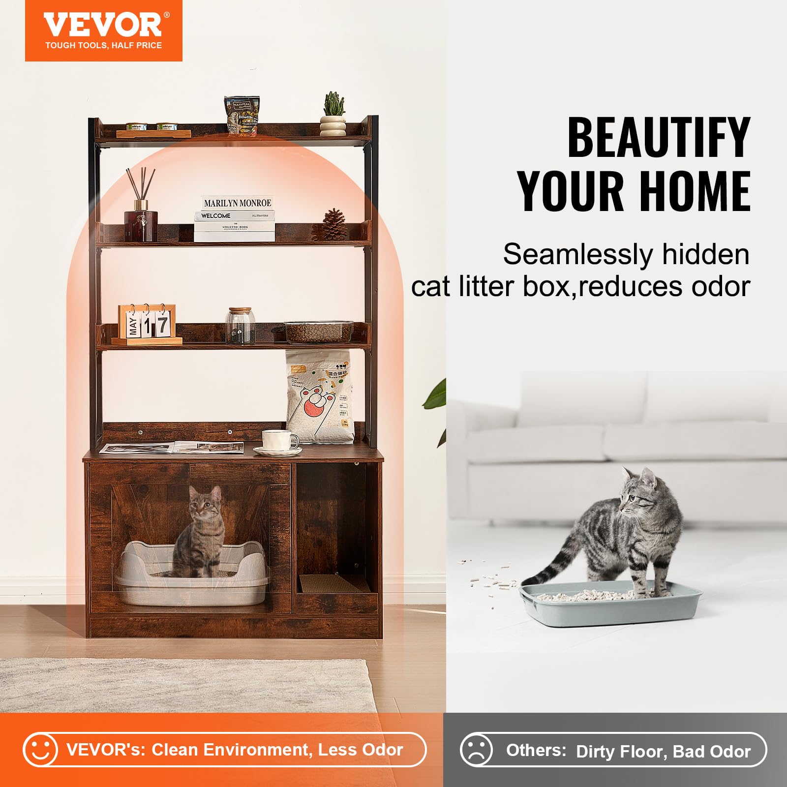 VEVOR Cat Litter Box Enclosure, Hidden Litter Box Furniture with 3 Storage Shelves, Wooden Cat Washroom Indoor, Large Cat House